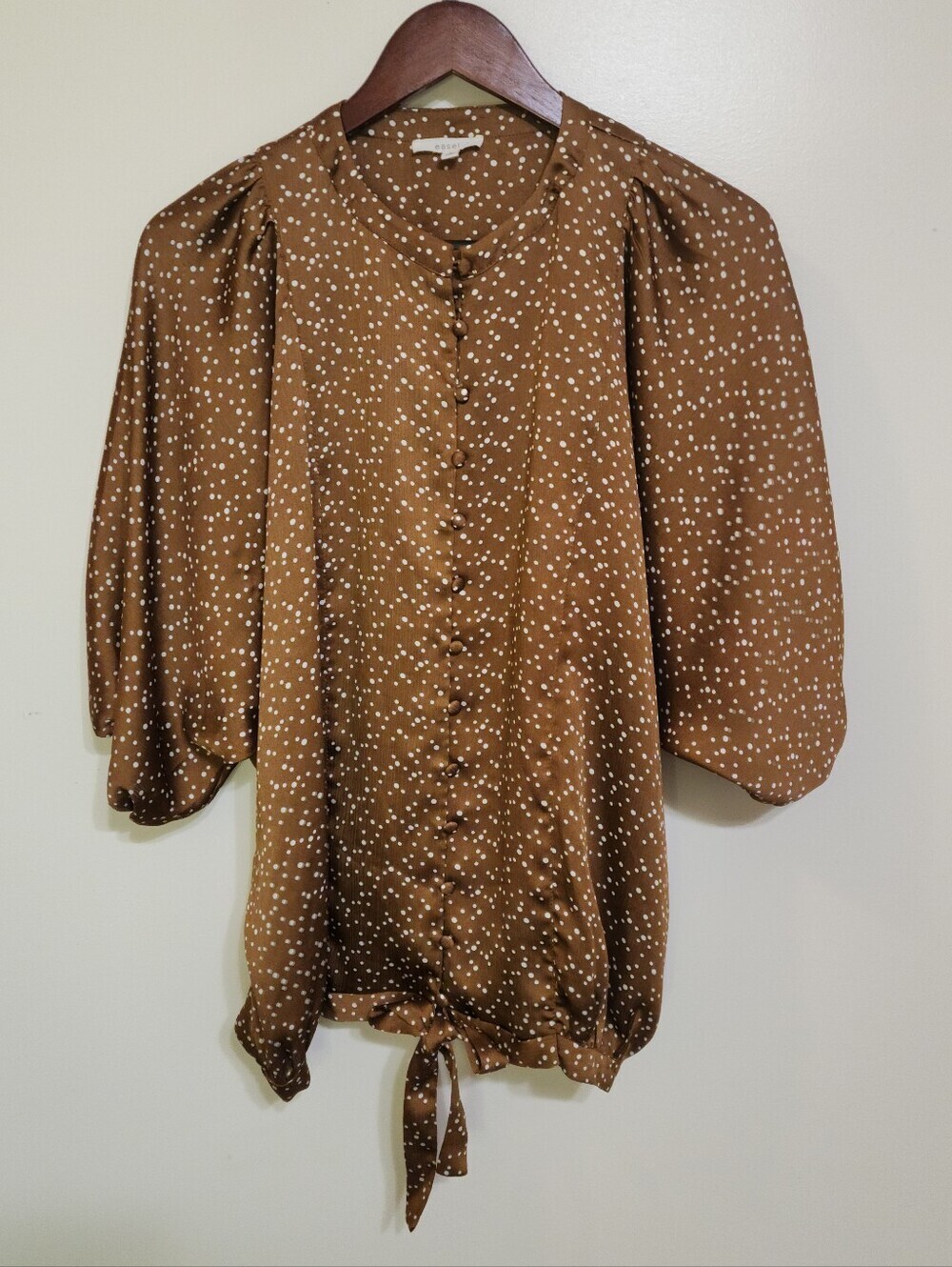 Puff Sleeve Top Women S Brown Polka Dot Bubble Print Satin Feel Oversided Easel